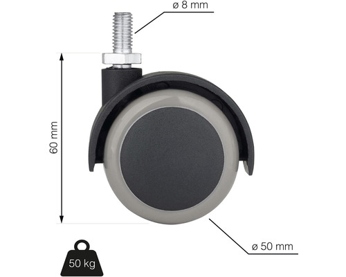 Nábytkové kolečko se závitovým kolíkem, průměr 50 mm, průměr čepu 8 mm, nosnost 50 kg