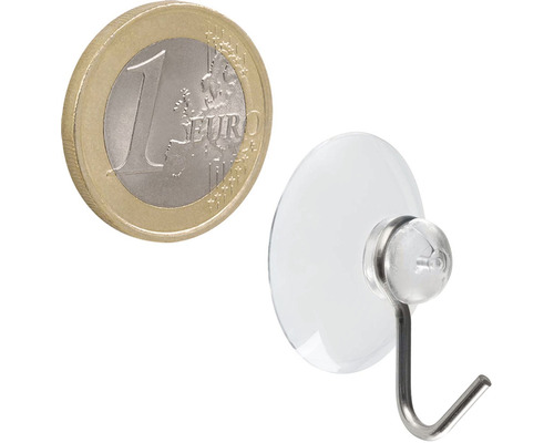 Přísavka s háčkem a jednoeurová mince pro srovnání velikosti