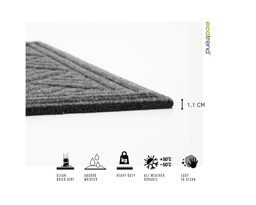 Rohožka o tloušťce 1,1 cm, čistí zaschlé nečistoty, absorbuje vlhkost, vysoce odolná, vhodná do každého počasí a snadno se čistí.