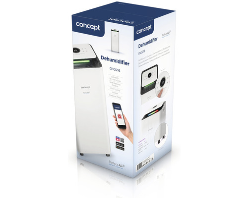 Balení odvlhčovače vzduchu Concept OV2216 s odvlhčovací kapacitou 16 litrů za den, dálkovým ovládáním, UV-C lampou, ionizátorem a uhlíkovým filtrem