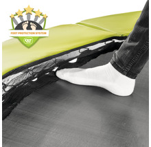 Detailní záběr trampolíny se systémem ochrany nohou a logem EXIT Toys.