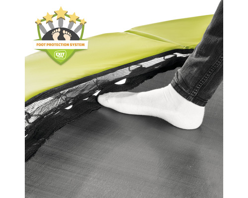 Detailní záběr trampolíny se systémem ochrany nohou a logem EXIT Toys.