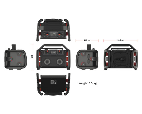 Několik pohledů na přenosný stavební rozhlasový a zvukový systém s rozměry a hmotností