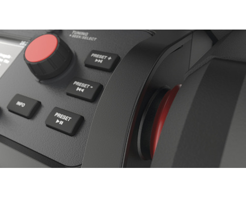 Detail ovládacího panelu s tlačítky a otočnými knoflíky