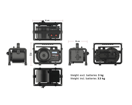 Stavební rádio o rozměrech 31 krát 23 krát 19 centimetrů a hmotnosti 3 kilogramy bez baterií