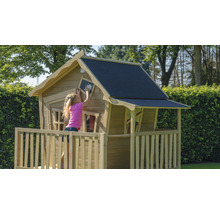 Dřevěný domeček na hraní s terasou a dítětem kreslícím na tabuli