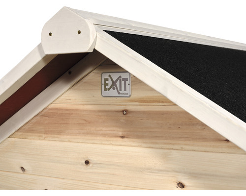 Detailní pohled na dřevěný domek s logem EXIT Toys