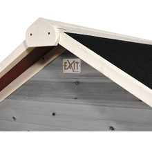 Detail dřevěného domu s logem EXIT