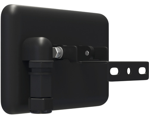 Detailní pohled na černé venkovní svítidlo s upevňovacími prvky a připojovacím kabelem