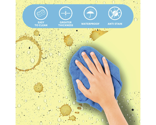 Symbol pro snadné čištění, tloušťku, vodotěsnost a ochranu proti skvrnám, stejně jako ruka s modrým hadříkem utírajícím tekutiny