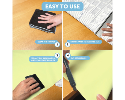 Návod v čtyřech krocích: očistěte povrch, ořízněte papír na požadovanou velikost, odlepte podkladovou fólii a odstraňte případné bubliny, ořízněte okraje.