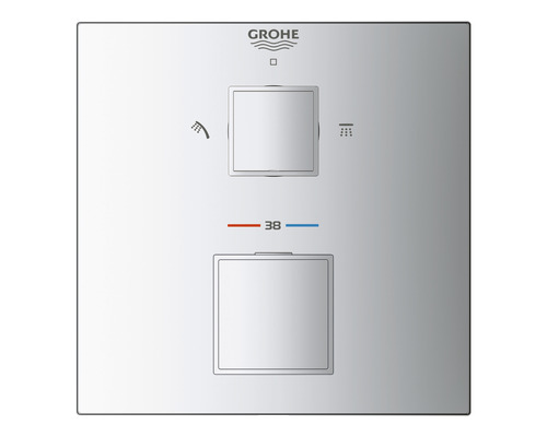 Podomítková termostatická sprchová baterie GROHE Grohtherm Cube chrom 24154000 Logo Grohe. Sprchový termostat se dvěma čtvercovými ovládacími prvky a zobrazením teploty.
