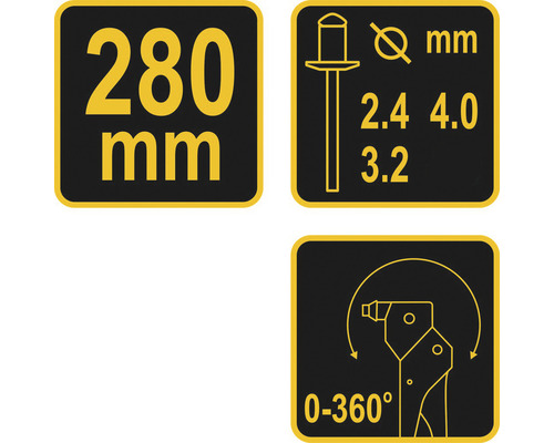 Technické specifikace: Délka 280 mm, průměr nýtů 2,4 mm, 3,2 mm, 4,0 mm, úhel natočení 0 až 360 stupňů