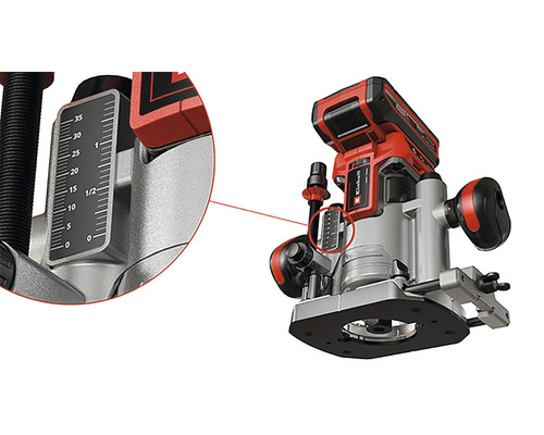 Detailní pohled na akumulátorovou horní frézku Einhell s nastavením hloubky