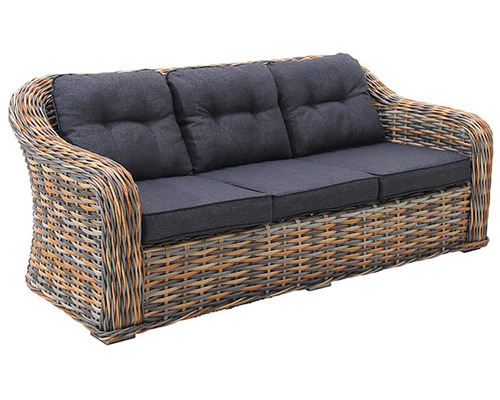 Třímístná zahradní pohovka z ratanu se šedými polštáři