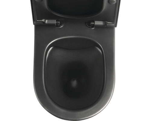 Černá toaleta s otevřeným víkem.