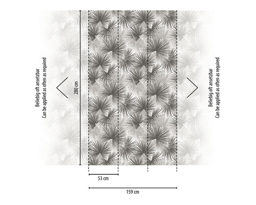 Ilustrace vliesové tapety s motivem palmových listů a rozměry.