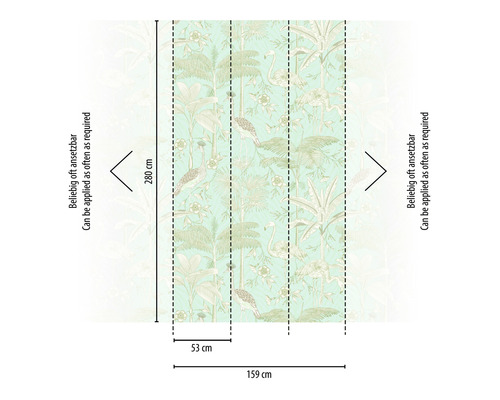 Rozměry tapety se vzorem ptáků a rostlin, 280 x 159 cm
