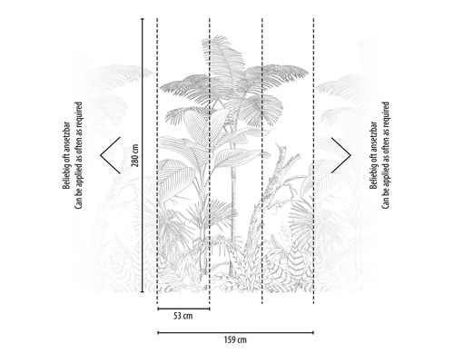 Ilustrace vliesové tapety s motivem džungle, rozměry 159 x 280 centimetrů