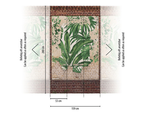 Fototapeta se vzorem cihel a rostlinnými motivy, opakovaně použitelná, rozměry 159 x 280 cm