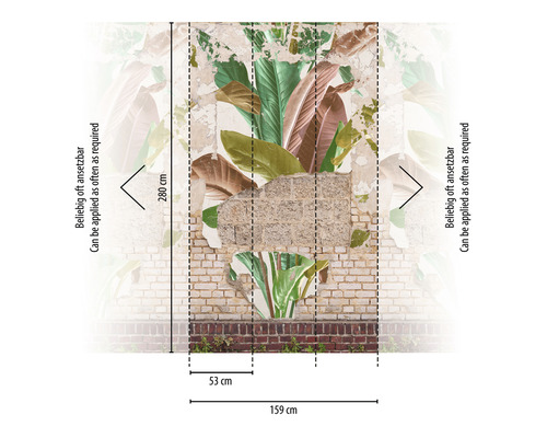 Fototapeta s cihlovou zdí a tropickými rostlinami, rozměry 159 cm šířka a 280 cm výška