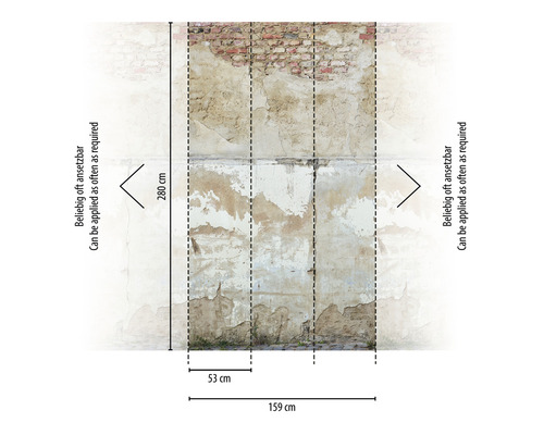 Rozměry fototapety se vzhledem omítky: 280 cm vysoká, 159 cm široká, jednotlivé pruhy jsou 53 cm široké.