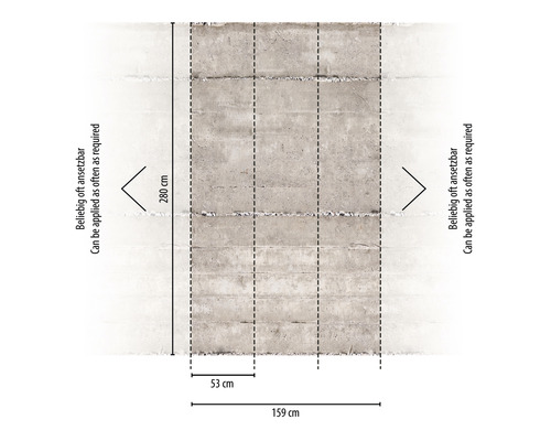 Rozměry tapety s betonovým vzhledem: výška 280 cm, šířka 159 cm, raport 53 cm