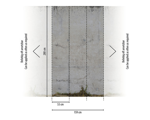 Rozměry betonové nástěnné tapety s výškou 280 cm a šířkou 159 cm