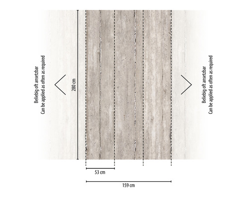 Rozměry tapety se vzhledem betonu o rozměrech 280 cm délky a 159 cm šířky