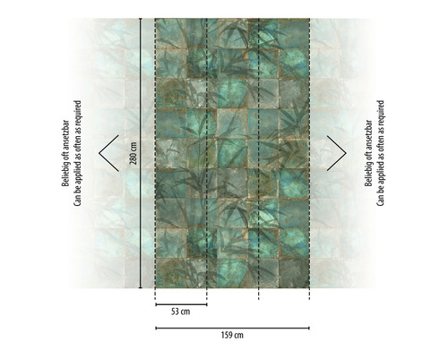 Role tapety se vzorem dlaždic a rostlinným motivem, 280 cm vysoká a 159 cm široká