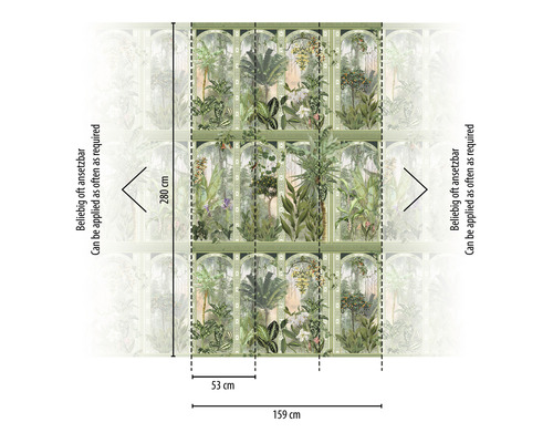 Vzor tapety s tropickými rostlinami, rozměry 159 krát 280 centimetrů