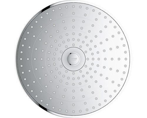 Kulatá hlavová sprcha s několika vodními tryskami a logem Grohe