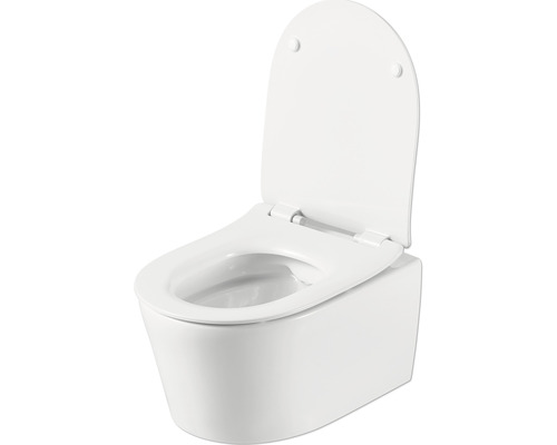 Závěsný hluboký splachovací záchod s otevřeným splachovacím okrajem a záchodovým prkénkem