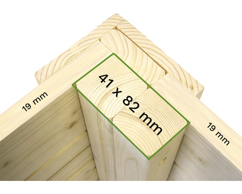 Detail dřevěné konstrukce s rozměry 41 x 82 milimetrů a 19 milimetrů