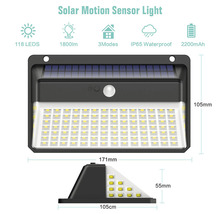 Solární světlo s pohybovým senzorem, 118 LED, 1800 lumenů, tři režimy, vodotěsnost IP65, 2200 mAh