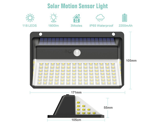 Solární světlo s pohybovým senzorem, 118 LED, 1800 lumenů, tři režimy, vodotěsnost IP65, 2200 mAh