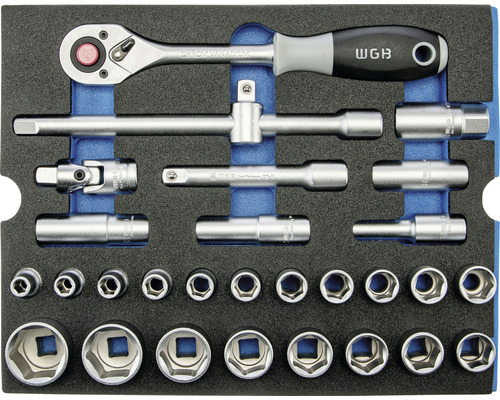 Sada nástrčných klíčů WGB s ráčnou, prodlouženími a ořechy v pěnové vložce