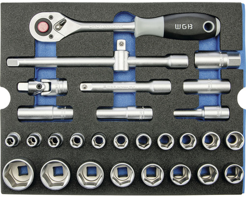 Sada nástrčných klíčů WGB s ráčnou, nástavci a ořechy v kufříku