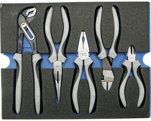 Sada kleští s kleštěmi na vodní čerpadla, kombinovanými kleštěmi, bočními štípacími kleštěmi, telefonními kleštěmi a řezačkou kabelů v kufříku na nářadí