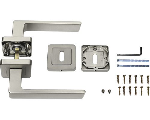 Sada kliky ke dveřím se čtvercovou rozetou a upevňovacím materiálem