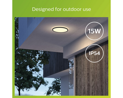 Kulaté stropní svítidlo s 15 watty a stupněm krytí IP54 pro venkovní použití.