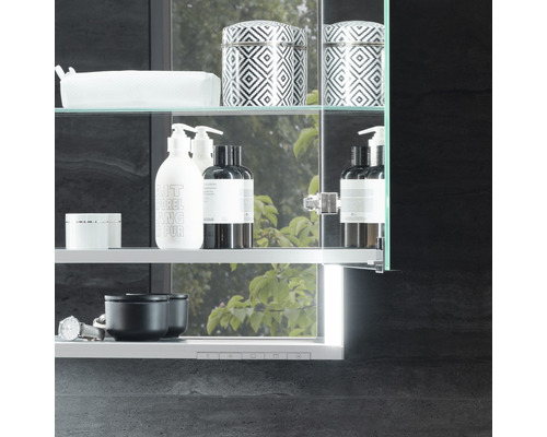 Koupelnová zrcadlová skříňka se skleněnými policemi a různými koupelnovými potřebami