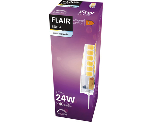 Balení stmívatelné LED žárovky Flair G4 s výkonem 2,5 W odpovídajícím 24 W a 240 lumenů