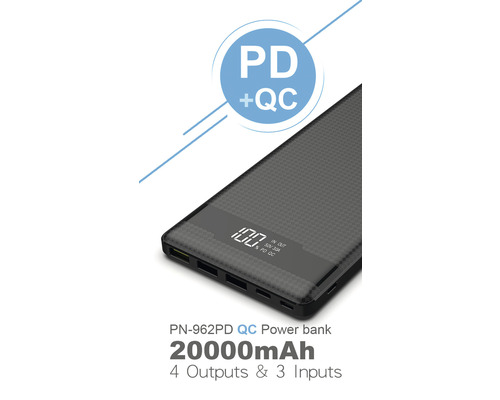 PN-962PD QC powerbanka s kapacitou 20000mAh, čtyřmi výstupy a třemi vstupy