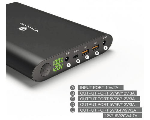 Powerbanka Viking s několika porty a indikátorem úrovně nabití