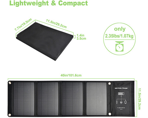 Složený a rozložený solární panel s rozměry.