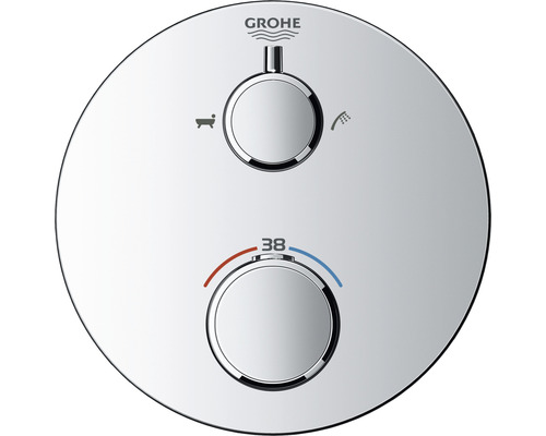 Logo Grohe na kulaté sprchové baterii s regulátorem teploty a funkcí vany nebo sprchy