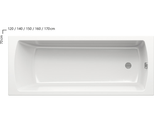 Obdélníková vana ze sanitárního akrylátu o rozměrech 120/140/150/160/170 x 70 centimetrů