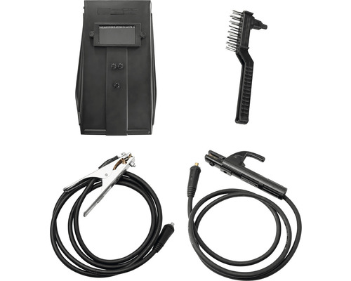 Svářečská kukla, drátěný kartáč a sada svařovacích kabelů