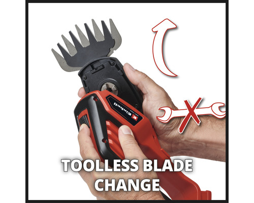 Logo společnosti Einhell. Obrázek znázorňuje výměnu nůžek na trávu bez použití nářadí.